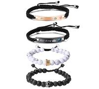 Cupimatch Bracelets Couple Her King & His Queen Bracelets Couronne Pierre Volcanique,2 pcs Acier Inoxydable Bracelets Tissé avec Zircon et 2 pcs Réglable Bracelets de 8mm en Pierres Naturelles