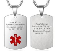 Cupimatch Collier Alerte Médical Personnalisé ID Dog Tag Pendentif Collier SOS d'urgence pour Vieillard,Cardiaque,Diabétique Collier pour Homme Garçon Enfants,Gratuite Gravure