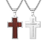 Cupimatch Collier avec croix en bois pour homme : verset biblique argenté Philippiens 4:13, collier en acier inoxydable avec pendentif en bois, cadeau chrétien, taille unique, Acier inoxydable, Pas de