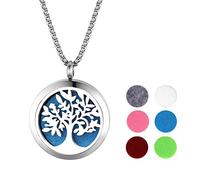 Cupimatch Collier Diffuseur d'huiles Essentielles Arbre de Vie Aimant Rond Ouvert en Acier Inoxydable avec 6 Pièces Recharge Coussins Lavable,Bon Cadeau de Fête des Mères Noël Saint-Valentin
