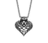 Cupimatch Collier Homme Double Tête de Loup Pendentif Dominateur en Forme de Coeur en Acier Inoxydable,Fantaisie Bijoux Noeud Celtique Irlandais avec Chaîne de 56cm pour Homme et Garçon(Argent Noir)