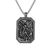 Cupimatch Collier Saint Michel pour homme : pendentif archange Michael cadeau catholique, plaque d'identité en acier inoxydable avec carte de prière Protect Us, chaîne réglable de 55,9 cm + 5,1 cm