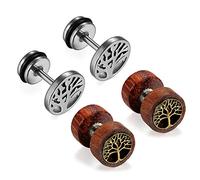 Cupimatch Lot de 2 paires de boucles d'oreilles créoles en acier inoxydable et bois avec arbre de vie pour homme et femme, 0.3 Zentimeter, Acier inoxydable Bois, Pas de pierre précieuse