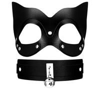 Cupimatch Masque Carnaval Vénitien Cuir: Masque de Chat Sexy avec Collier Cloche et Rivet Demi Visage pour Cosplay Déguisement Bal de Maquillage Mascarade Noir - Cadeau Halloween