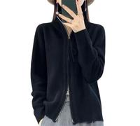 CupitiDU Cardigan à col montant et fermeture éclair intégrale pour femme, manches longues en tricot côtelé ouvert sur le devant, veste chaude épaisse et légère, fermeture éclair, Noir , L