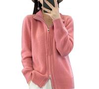 CupitiDU Cardigan à col montant et fermeture éclair intégrale pour femme, manches longues en tricot côtelé ouvert sur le devant, veste chaude épaisse et légère, fermeture éclair, rose, XXL