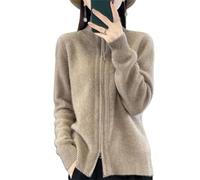 CupitiDU Cardigan à col montant et fermeture éclair intégrale pour femme, manches longues en tricot côtelé ouvert sur le devant, veste chaude épaisse et légère, fermeture éclair, camel, L
