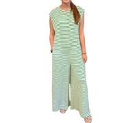 CupitiDU Combinaison rayée à jambes larges pour femme, pantalon d'été fluide, confortable, sans manches, avec boutons, combinaisons amples avec poches, Vert, XXL
