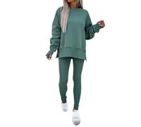 CupitiDU Ensemble 2 pièces sweat et leggings imprimés à manches longues pour femme, couleur unie, col rond, manches longues, ourlet fendu, ensemble de survêtement moulant, Vert, M