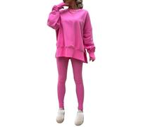 CupitiDU Ensemble 2 pièces sweat et leggings imprimés à manches longues pour femme, couleur unie, col rond, manches longues, ourlet fendu, ensemble de survêtement moulant, rose, S