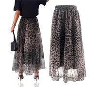 CupitiDU Jupe longue bustier à imprimé léopard, jupe en tulle superposé pour femme, jupe midi taille haute élastique, jupe trapèze longue et fluide en mousseline de soie à taille élastique, marron, L