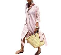 CupitiDU Robe chemise classique rayée à lacets, boutonnée à revers fendu, robe longue rayée, robe d'été décontractée ample à manches longues, rose, XL