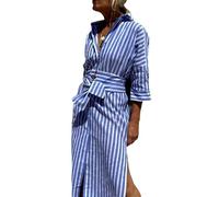 CupitiDU Robe chemise classique rayée à lacets, boutonnée à revers fendu, robe longue rayée, robe d'été décontractée ample à manches longues, bleu, L