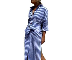 CupitiDU Robe chemise classique rayée à lacets, boutonnée à revers fendu, robe longue rayée, robe d'été décontractée ample à manches longues, bleu, M