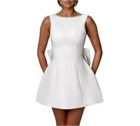 CupitiDU Robe de soirée vintage en satin avec nœud, perles dos nu, mini robe trapèze avec nœuds, mini robe de bal courte pour femme, robe de bal de fin d'année, robe de soirée, blanc, L