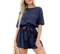 CUPSHE Barboteuse décontractée à manches courtes et col bateau pour femme, taille empire, ceinture avec découpe dans le dos, bleu marine, S