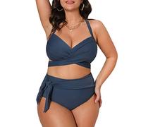 CUPSHE Bikini pour femme - Grandes tailles - Ensemble Bikini - Décolleté en V - Aspect froissé - Taille haute - Ceinture abdominale - Nœud - Maillot de bain 2 pièces - Grande taille - Forme ronde