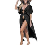 CUPSHE Cache-maillot de bain kimono pour femme ouvert sur le devant rayé maxi cardigan de plage, noir uni, Medium