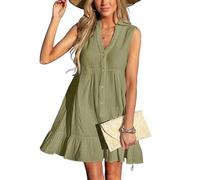 CUPSHE Cache-maillot de bain pour femme, 100 % coton, ourlet à volants, robe de plage boutonnée à col en V, sans manches, mini robe, vert olive, XS