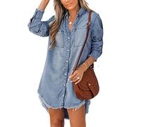 CUPSHE Chemise en Denim Effiloché Femme Casual Chemise Robe Tunique Manches Longues Classique Blouse Bleu Ciel L
