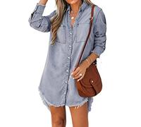 CUPSHE Chemise en Denim Effiloché Femme Casual Chemise Robe Tunique Manches Longues Classique Blouse Bleu Clair XL
