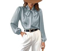 CUPSHE Chemise en satin pour femme avec nœud papillon, manches longues, col roulé brillant, chemisier décontracté de travail, Vert menthe, X-Small