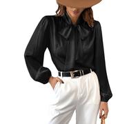 CUPSHE Chemisier en satin pour femmes avec nœud papillon, manches longues, col montant brillant, chemisiers décontractés pour le travail, Noir , L