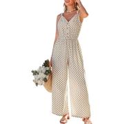 CUPSHE Combinaison Femme Été Geometric Print Col V Boho Chic Jumpsuit Bretelles Fines Pantalon Large avec Poches et Cordon de Serrage Tenue Décontractée pour Plage Vacances