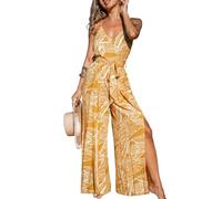 CUPSHE Combinaison pour femme - Col en V - Sans manches - Aspect portefeuille - Fente - Jambes larges - Longue combinaison avec ceinture - Décontractée - Combinaison ample, jaune, S