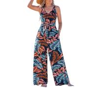 CUPSHE Combinaison pour femme col en V sans manches ceinturée jambes larges bretelles nœud combinaison d'été plage, Feuille marine., M