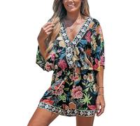 CUPSHE Combinaison pour femme d'été, barboteuse imprimée avec lacets, manches mi-longues, décontractée, ample, pour les vacances, mini une pièce, motif floral noir, Medium