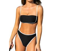 CUPSHE Ensemble bikini deux pièces pour femme - Taille haute - Col carré - Crochet dans le dos - Couleurs contrastées - Bas coquin, noir/beige, Taille L