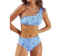 CUPSHE Ensemble bikini pour femme - Taille mi-haute - Bretelles larges - Crochet dans le dos - Deux pièces, Motif floral baroque blanc/bleu, XL