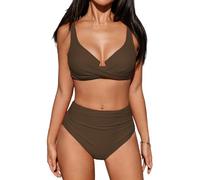 CUPSHE Ensemble de bikini pour femme taille haute avec armatures et bretelles réglables - Bas froncé - Couverture complète - Maillot de bain deux pièces, marron chocolat, S