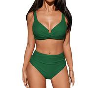 CUPSHE Ensemble de bikini pour femme, taille haute, avec cercles, bretelles réglables, crochet tressé, couverture complète, Vert montagne (Verde alpino), M