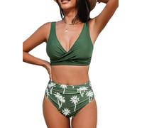 CUPSHE Ensemble de bikini taille haute pour femme avec col en V enveloppé sur le devant et lacets dans le dos et bretelles larges froncées, Vert forêt/tropical, XS