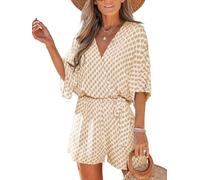 CUPSHE Été Femmes Ceinturé Rayé Romper Deep V Cou Dolman Manches Salopette Jambe Large Combinaisons