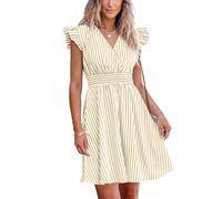 CUPSHE Femme Robe Courte Été Rayée Col V Manches Volantées Taille Smockée Robe de Plage Fluide A Ligne Chic Décontractée Soirée Cocktail Rose Rayé S