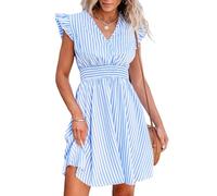 CUPSHE Femme Robe Courte Été Rayée Col V Manches Volantées Taille Smockée Robe de Plage Fluide A Ligne Chic Décontractée Soirée Cocktail Rose Rayé S