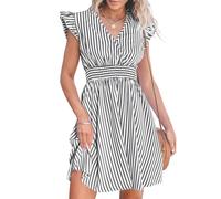 CUPSHE Femme Robe Courte Été Rayée Col V Manches Volantées Taille Smockée Robe de Plage Fluide A Ligne Chic Décontractée Soirée Cocktail Rose Rayé S