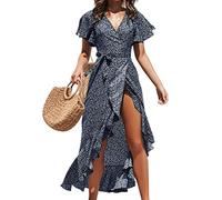 CUPSHE Femmes Été Envelopper Robe longue Occasionnel Diviser Manches évasées Col en V Ditsy Ceinture nouée Ébouriffé Robes de plage