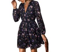 CUPSHE Femmes Imprimé Floral Mousseline de Soie Ligne A Robe Manches Longues paysannes Taille élastique Mini-Robes