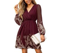 CUPSHE Femmes Imprimé Floral Mousseline de Soie Ligne A Robe Manches Longues paysannes Taille élastique Mini-Robes