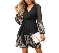 CUPSHE Femmes Imprimé Floral Mousseline de Soie Ligne A Robe Manches Longues paysannes Taille élastique Mini-Robes