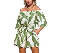 CUPSHE Grenouillère tropicale à épaules dénudées et manches mi-longues pour femme, jambes larges, ceinturée, combinaison d'été décontractée, Vert (tweed), L