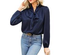 CUPSHE Haut de chemise en satin pour femmes nœud papillon manches longues col haut brillant travail chemisiers décontractés, dblue, L