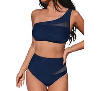 CUPSHE Maillot de bain deux pièces pour femme - En maille transparente - Taille haute - Asymétrique, bleu marine, XL