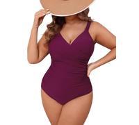 CUPSHE Maillot de bain grande taille pour femme - Col en V - Effet cache-cœur - Froncé - Une pièce - Maillot de bain Curvy - Grande taille, Pourpre, XXL grande taille