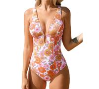 CUPSHE Maillot de bain pour femme - Col en V profond - Découpe trou de serrure - Découpes décoratives - Motif floral texturé - Sculptant - Maillot de bain une pièce, S