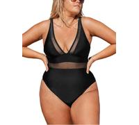 CUPSHE Maillot de bain pour femme grande taille avec col en V en maille transparente pour le contrôle du ventre avec bretelles larges réglables, Noir , L